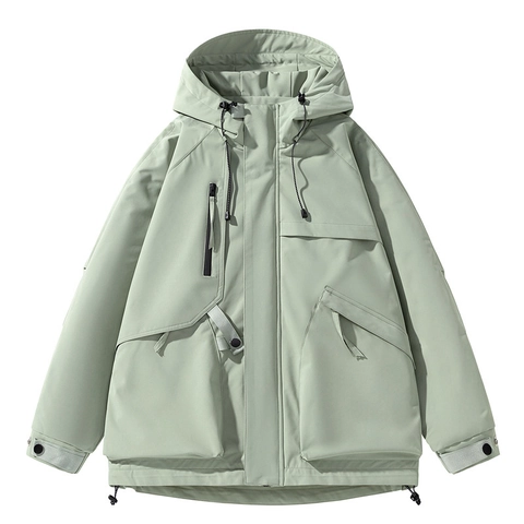 Men's Techwear Jacket Hooded Multi-Pocket Utility Coat Vintage Loose Fit Cargo Windproof Polyester Outerwear Top