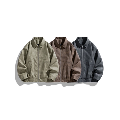 Vintage Men Suede Texture Jacket Windproof Faux Leather Coat Lapel Collar Zipper Outerwear Casual Work Utility Bomber Jacket