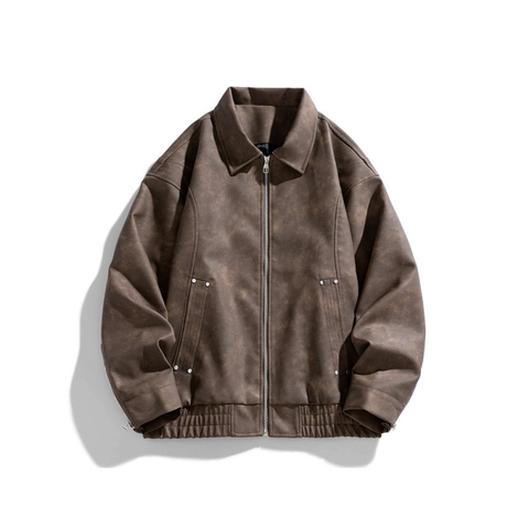 Vintage Men Suede Texture Jacket Windproof Faux Leather Coat Lapel Collar Zipper Outerwear Casual Work Utility Bomber Jacket