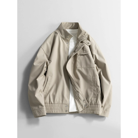 Men Casual Windproof Stand Collar Jacket Solid Color Zip Up Outerwear Chenille Texture Polyester Coat For Spring Autumn Fashion