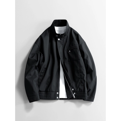Men Casual Windproof Stand Collar Jacket Solid Color Zip Up Outerwear Chenille Texture Polyester Coat For Spring Autumn Fashion