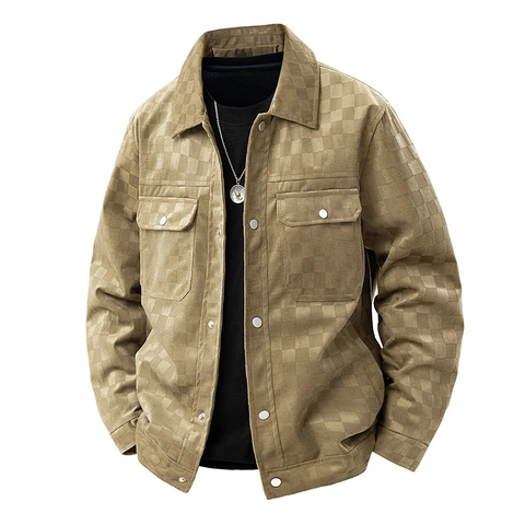 Veste Urbaine en Daim à Damier pour Hommes Business Casual Revers Simple Boutonnage Manteau d'Hiver Rembourré Avec Poches
