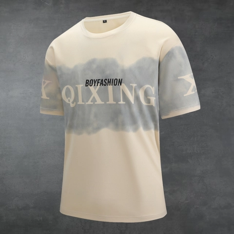 Mens Estate Casual Allentato Maglietta a Maniche Corte Con Strisce Sfumate e Stampa di Lettere Traspirante Poliestere Girocollo Top