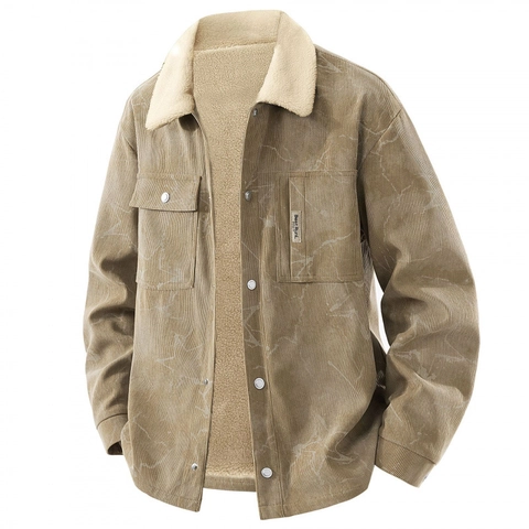 Men's Corduroy Sherpa Lined Jacket Winter Warm Padded Fleece Coat Retro Casual Printed Lapel Outerwear Clothing For Men
