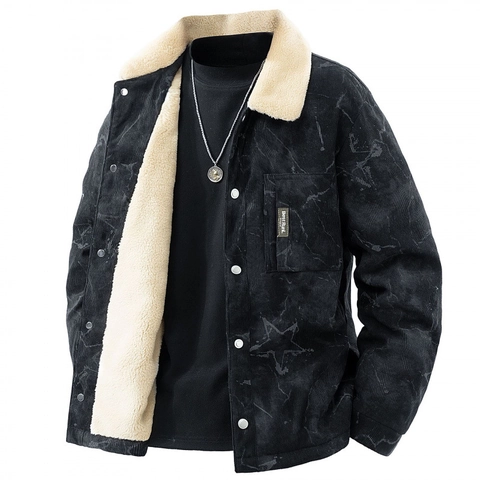 Men's Corduroy Sherpa Lined Jacket Winter Warm Padded Fleece Coat Retro Casual Printed Lapel Outerwear Clothing For Men