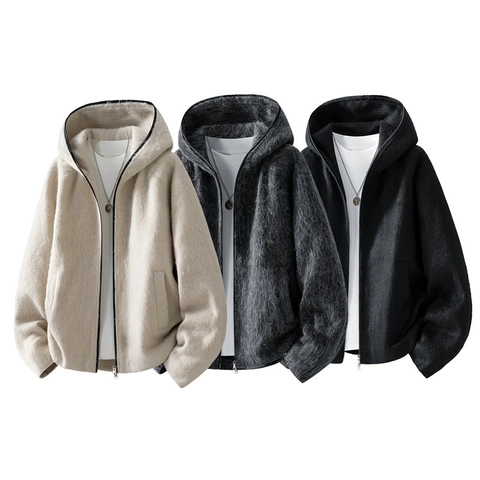 Giacca da Uomo Casual in Peluche con Cappuccio Tinta Unita Cappotto con Cerniera e Tasca Autunno Primavera Caldo Fleece per Giovani