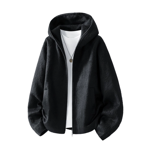 Giacca da Uomo Casual in Peluche con Cappuccio Tinta Unita Cappotto con Cerniera e Tasca Autunno Primavera Caldo Fleece per Giovani