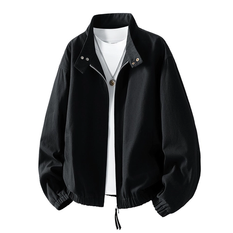 Men's Casual Polyester Stand Collar Zip Up Jacket Solid Color Lightweight Outerwear With Elastic Hem For Spring Autumn