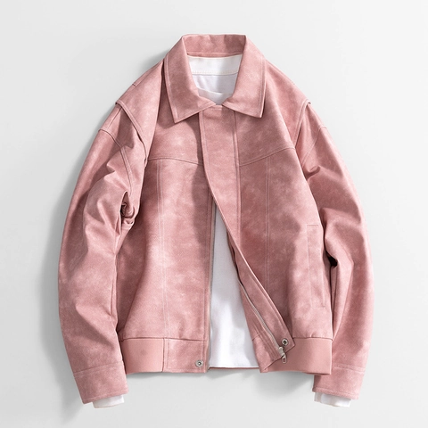 Men's Vintage PU Leather Jacket Contrast Stitching Lapel Zipper Loose Flight Bomber Jacket Casual Spring Autumn Outwear