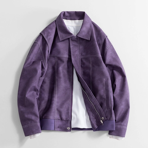 Men's Vintage PU Leather Jacket Contrast Stitching Lapel Zipper Loose Flight Bomber Jacket Casual Spring Autumn Outwear