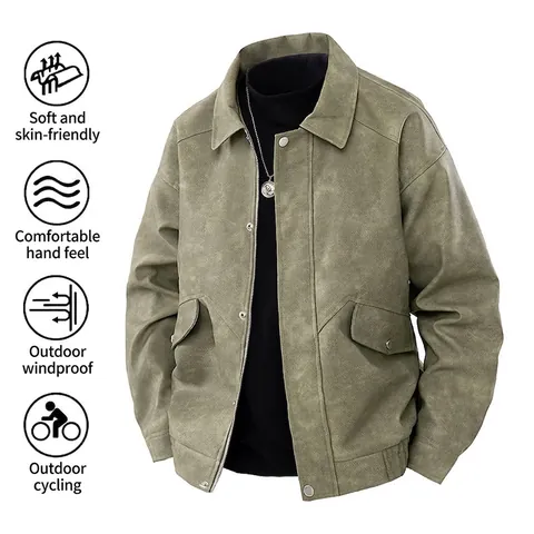Chaqueta de Cuero PU para Hombre Retro Americano Resistente al Viento Ajuste Holgado Casual Solapa Abrigo Textura Ante