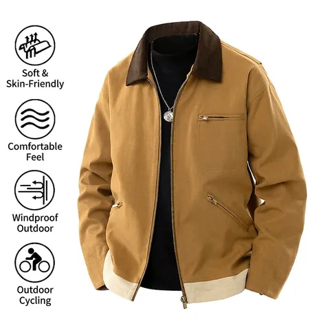 Men's Workwear Jacket Vintage Color Block Patchwork Contrast Corduroy Collar Windproof Outerwear Casual Zip Up Harrington Style Coat