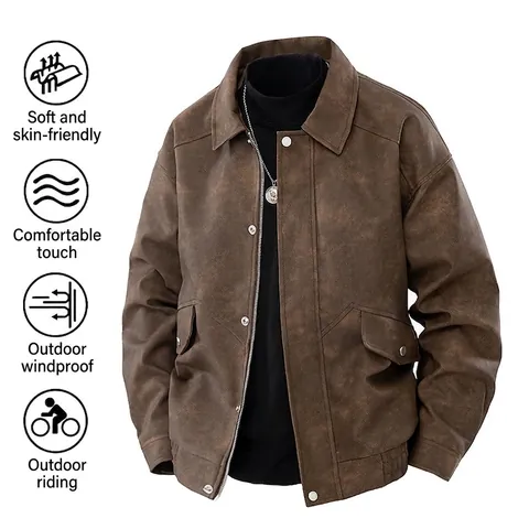 Chaqueta de Cuero PU para Hombre Retro Americano Resistente al Viento Ajuste Holgado Casual Solapa Abrigo Textura Ante