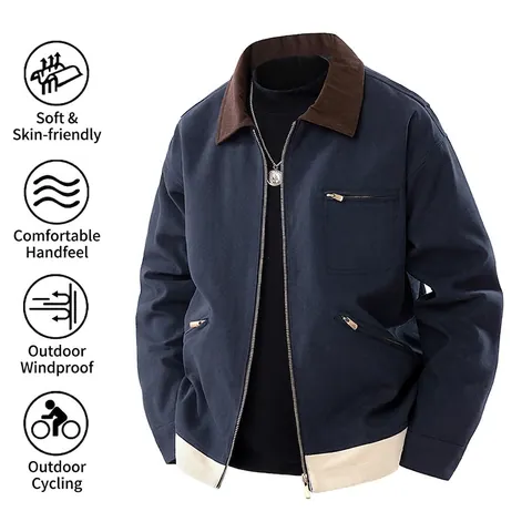 Men's Workwear Jacket Vintage Color Block Patchwork Contrast Corduroy Collar Windproof Outerwear Casual Zip Up Harrington Style Coat