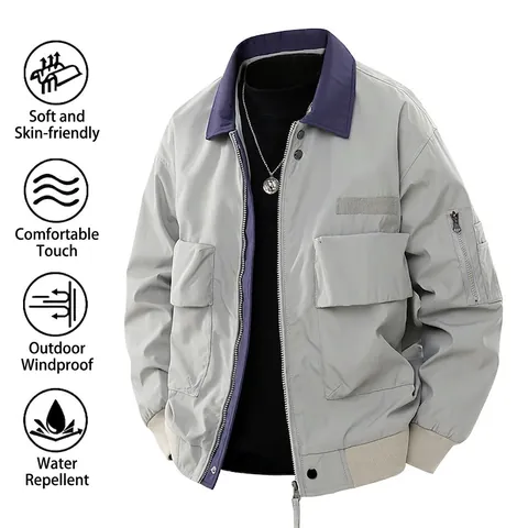 Amerikaanse Retro Pilotenjas Heren Casual Kleurblok Werkkleding Revers Winddicht Jack Met Functionele Zakken