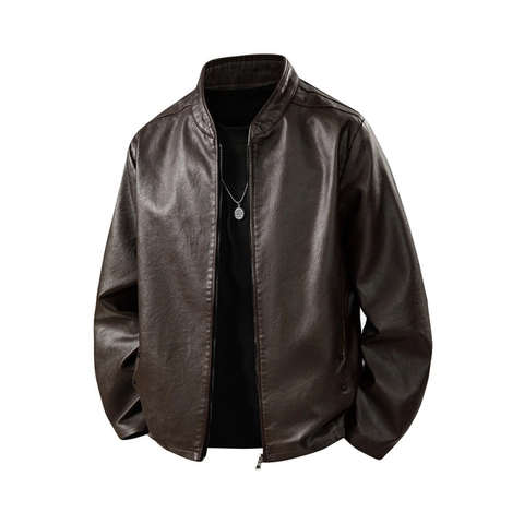 Men's Stand Collar PU Leather Jacket Casual Windproof Locomotive Biker Coat Solid Color Spring Autumn Outerwear Top