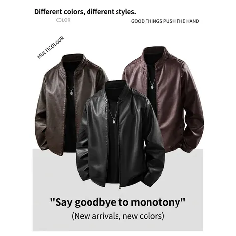 Men's Stand Collar PU Leather Jacket Casual Windproof Locomotive Biker Coat Solid Color Spring Autumn Outerwear Top