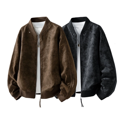 Men Vintage Faux Suede Bomber Jacket Stand Collar Solid Color Casual Streetwear Windbreaker Zip Up Outwear Coat For Men