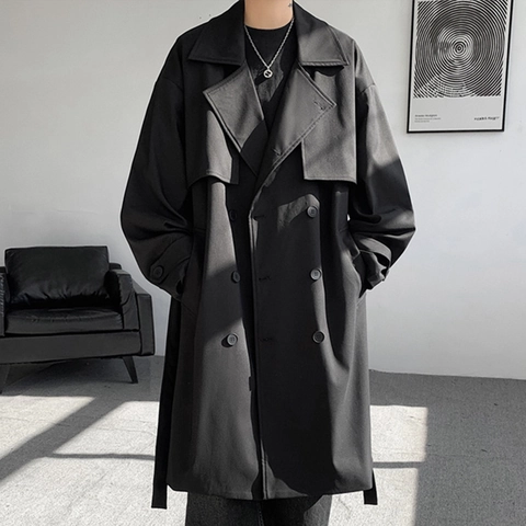 Trench-coat à Double Boutonnage pour Hommes Mi-long Coupe-vent Veste Avec Ceinture Style Britannique Pardessus Printemps Automne