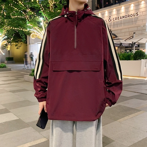 Heren Casual Half Zip Kapuchon Anorak Jas Contrast Streep Lange Mouw Grote Zak Windbreaker Sportief Streetwear Pullover Jas