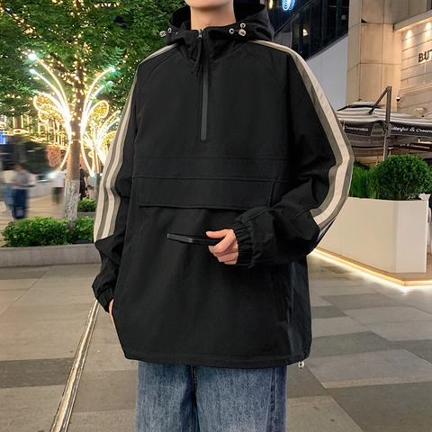 Heren Casual Half Zip Kapuchon Anorak Jas Contrast Streep Lange Mouw Grote Zak Windbreaker Sportief Streetwear Pullover Jas