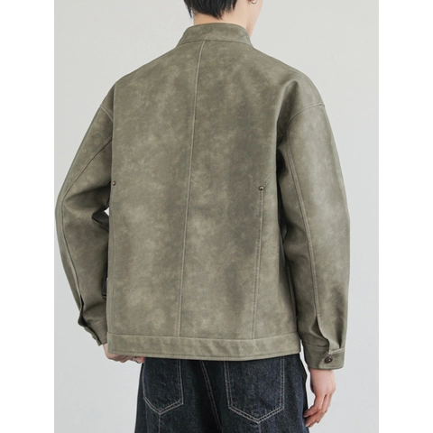 Chaqueta de Motociclista de Cuero PU Retro para Hombre Cuello Alto Bolsillo con Cremallera Casual Streetwear Abrigo de Moda