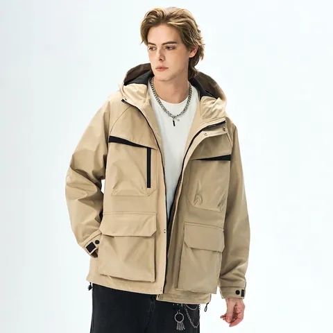 Chaqueta Cargo con Capucha para Hombre Repelente al Agua Cortavientos Multibolsillos Retro Japonés Gorpcore Casual Holgada Exterior