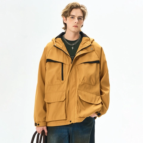Chaqueta Cargo con Capucha para Hombre Repelente al Agua Cortavientos Multibolsillos Retro Japonés Gorpcore Casual Holgada Exterior