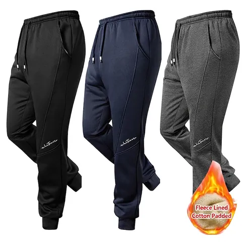 Men Joggers Sweatpants Cotton Blend Sherpa Fleece Lined Thick Warm Winter Trousers Drawstring Ribbed Cuffs Whatever Script