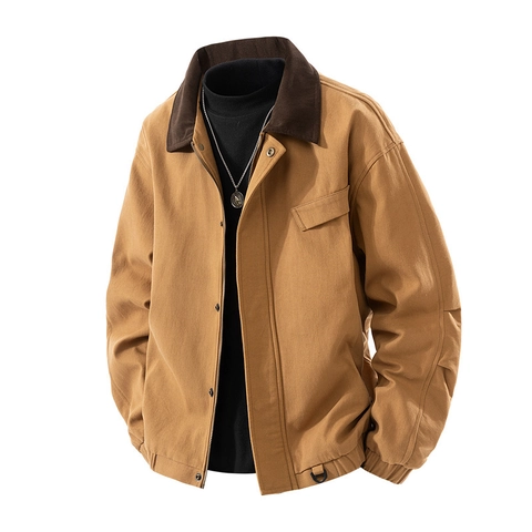 Men Vintage Cargo Jacket Cotton Canvas Workwear Pilot Jacket Contrast Corduroy Collar Zip Up Coat Outerwear Casual Loose Fit