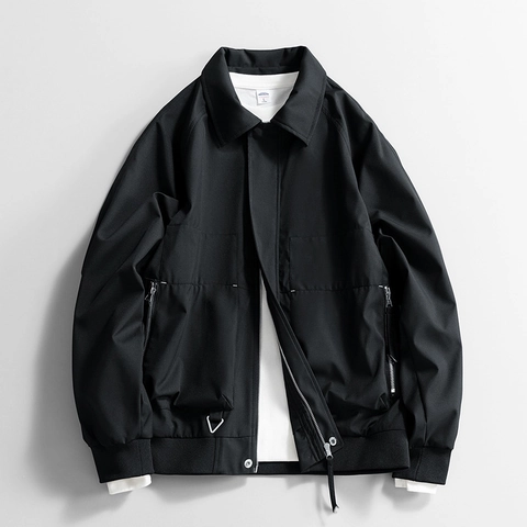 Men Loose Workwear Jacket Polyester Turn Down Collar Windproof Casual Outerwear For Spring Autumn Solid Color Trendy Coat