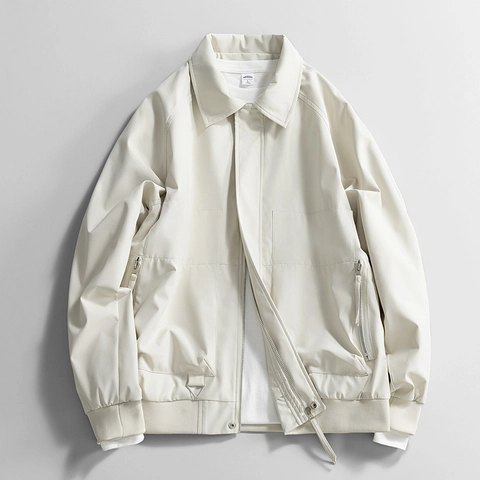 Men Loose Workwear Jacket Polyester Turn Down Collar Windproof Casual Outerwear For Spring Autumn Solid Color Trendy Coat