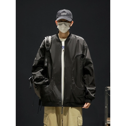 Chaqueta Bomber de Corte Holgado para Hombre Repelente al Agua Cuello Béisbol Streetwear Japonés Estilo Cargo Poliéster Casual Funcional
