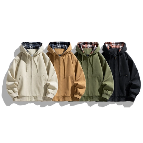 Giacca Cargo da Uomo con Cappuccio in 100% Cotone Fodera a Quadri Cerniera Intera Abbigliamento da Lavoro Casual Autunno