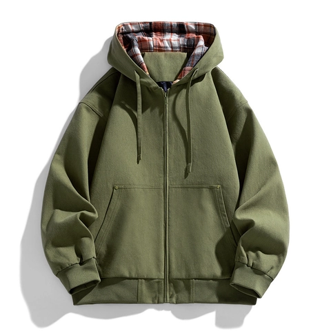 Giacca Cargo da Uomo con Cappuccio in 100% Cotone Fodera a Quadri Cerniera Intera Abbigliamento da Lavoro Casual Autunno