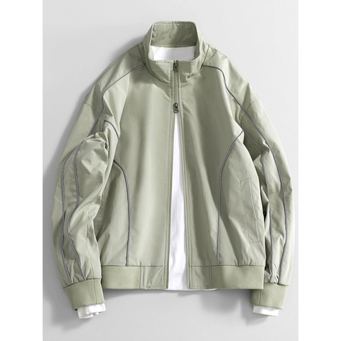 Men Stand Collar Windproof Casual Jacket Solid Color Reflective Trim Outerwear Sports Zipper Long Sleeve Ribbed Cuff Coat For Daily