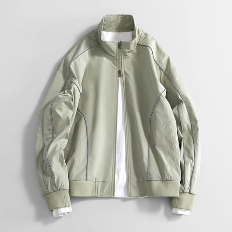 Men Stand Collar Windproof Casual Jacket Solid Color Reflective Trim Outerwear Sports Zipper Long Sleeve Ribbed Cuff Coat For Daily
