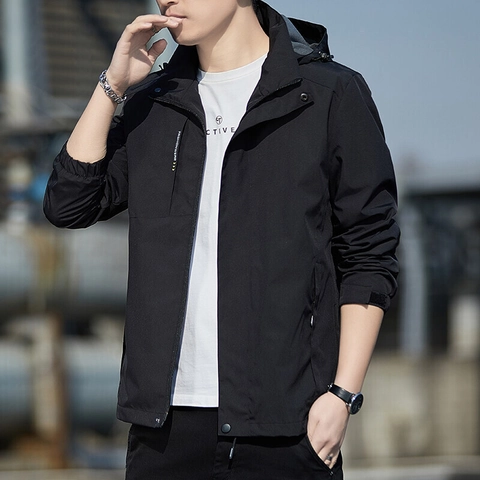 Men's Hooded Jacket Waterproof Windproof Outdoor Casual Coat Polyester Solid Color Letter Print Outerwear Jacket For Men