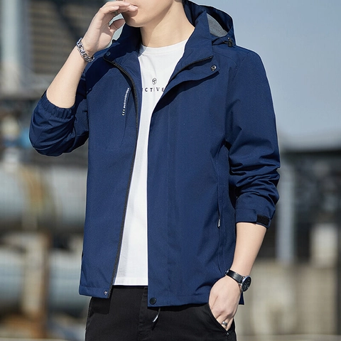 Men's Hooded Jacket Waterproof Windproof Outdoor Casual Coat Polyester Solid Color Letter Print Outerwear Jacket For Men