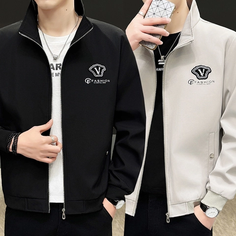 Men Stand Collar Casual Jacket Polyester Windbreaker Zipper Long Sleeve Outwear Solid Color Ribbed Trim Urban Fashion Male Coat