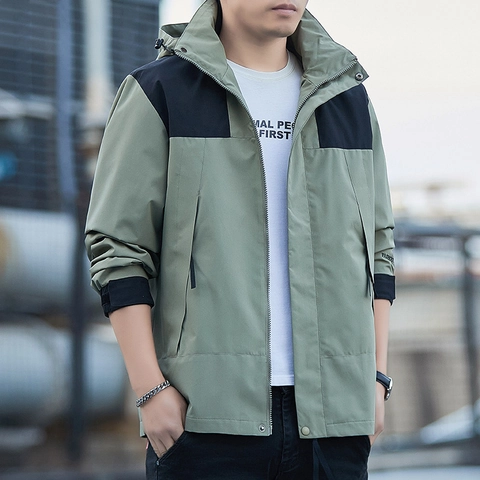 Herren Polyester Outdoor Kapuzenjacke Windbreaker Lässig Patchwork Kontrastfarbe Wasserdicht Sportlich Reißverschluss Mantel Top