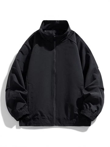 Men Stand Collar Jacket Polyester Windproof Outerwear Casual American Style Zipper Coat Solid Color For Spring Autumn
