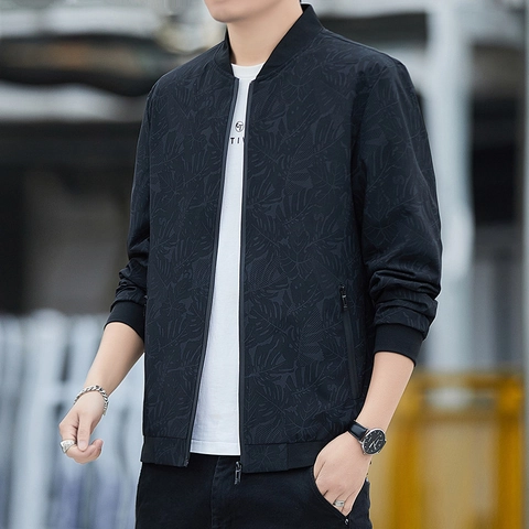 Casual Men's Bomber Jacket Windproof Polyester Coat Tropical Leaf Shadow Print Stand Collar Ribbed Trim Slim Fit Streetwear