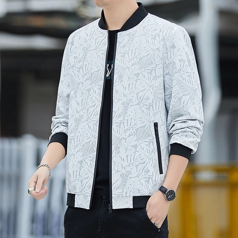 Casual Men's Bomber Jacket Windproof Polyester Coat Tropical Leaf Shadow Print Stand Collar Ribbed Trim Slim Fit Streetwear
