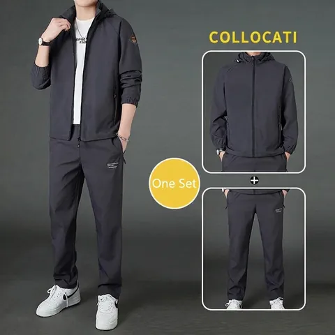 Conjunto de Ropa Deportiva Casual para Hombre Poliéster Cortavientos Con Capucha Chaqueta Con Cremallera y Pantalón Primavera Otoño