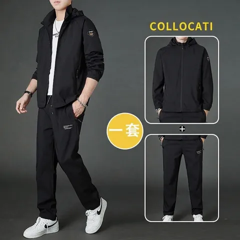 Conjunto de Ropa Deportiva Casual para Hombre Poliéster Cortavientos Con Capucha Chaqueta Con Cremallera y Pantalón Primavera Otoño