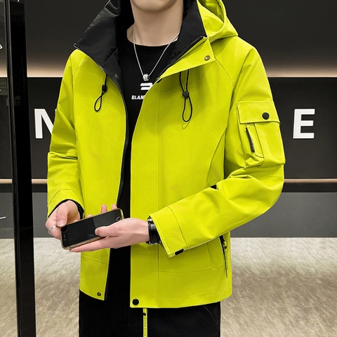 Men's Hooded Cargo Jacket Windproof Outdoor Casual Workwear Zip Up Coat With Pockets Solid Color Polyester Outerwear