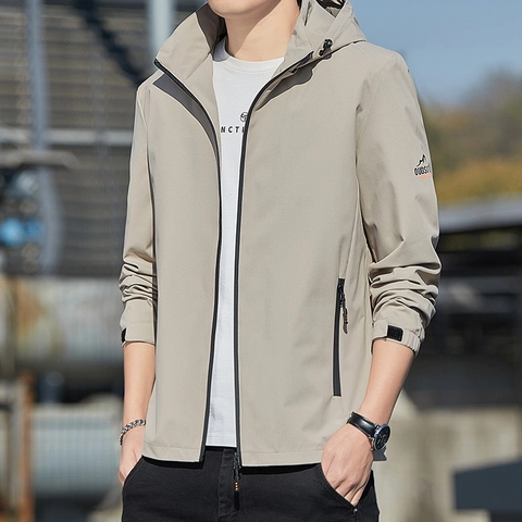 Men's Hooded Windbreaker Jacket Casual Windproof Waterproof Outdoor Zip Up Coat Spring Autumn Streetwear Printed Outerwear