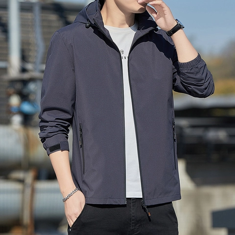 Men's Hooded Windbreaker Jacket Casual Windproof Waterproof Outdoor Zip Up Coat Spring Autumn Streetwear Printed Outerwear
