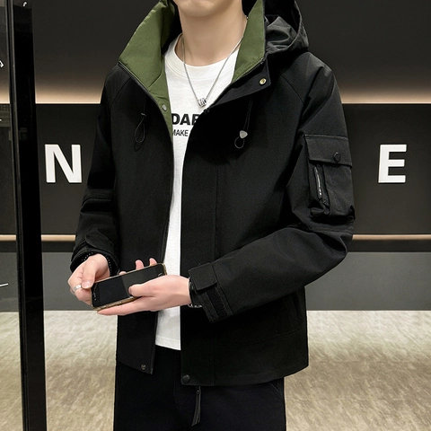 Men's Hooded Cargo Jacket Windproof Outdoor Casual Workwear Zip Up Coat With Pockets Solid Color Polyester Outerwear